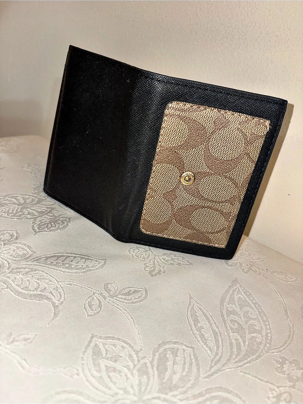 Coach Wyn Small Trifold Wallet in Black & Signature Coated Canvas